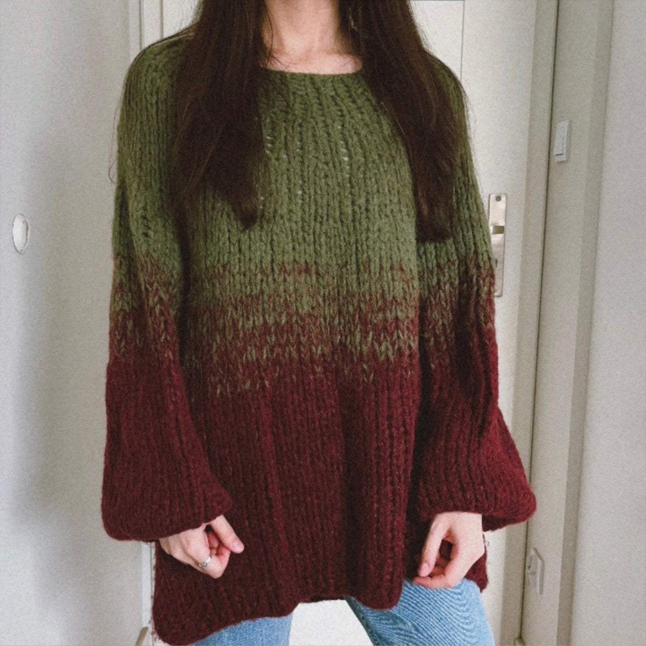 Sweter z alpaki zielono-bordowy